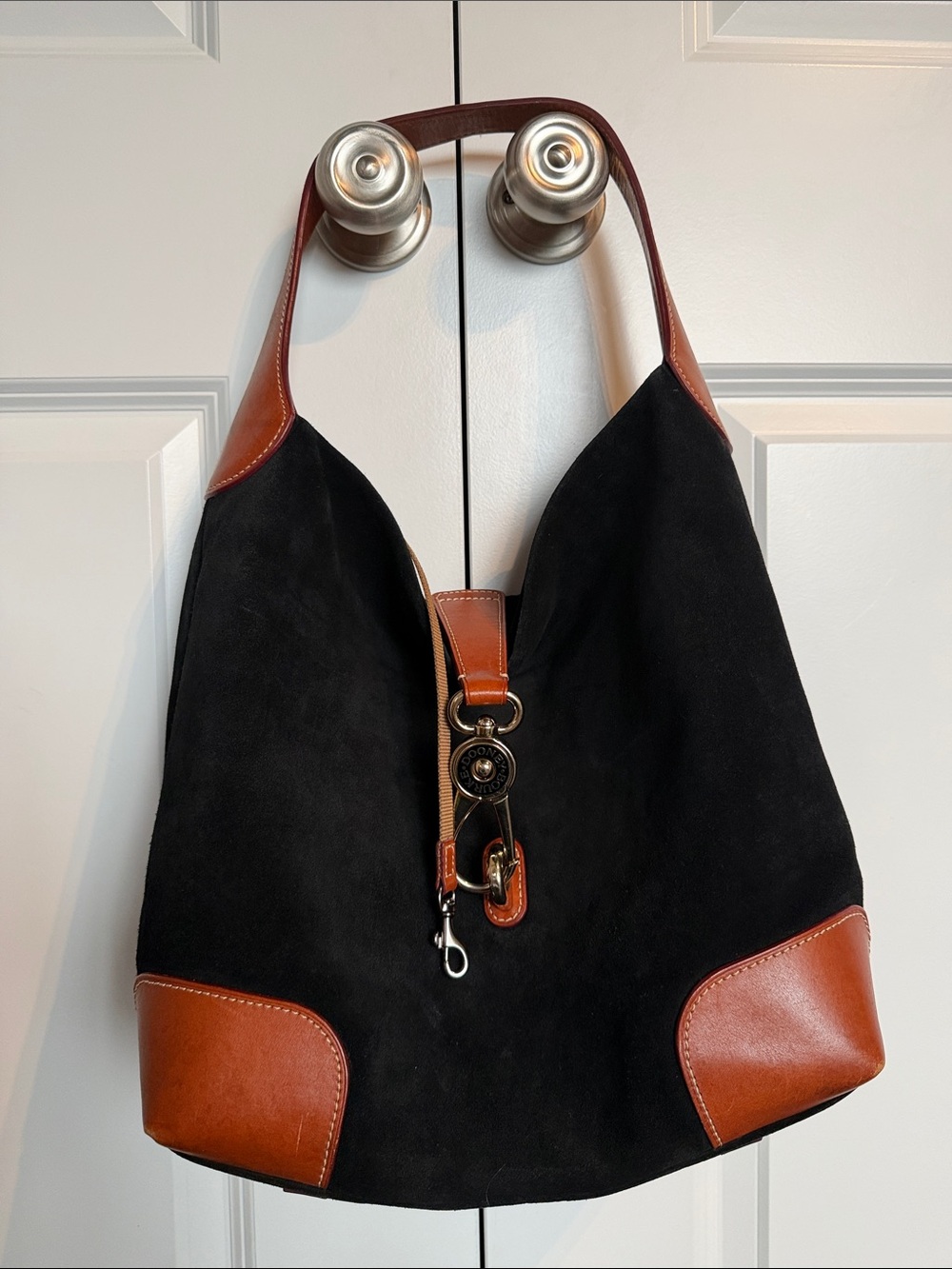 Dooney & Bourke Black Suede Shoulder Bag with Brown Leather Trim